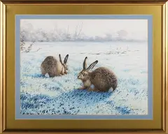 Two Hares in a Snowy Landscape by Owen Williams, watercolour, sold Jan 2023