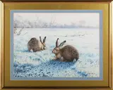 Owen Williams, Two Hares in a Snowy Landscape, watercolour