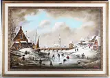 Duran Faine, Dutch Winter Landscape with Figures skating on a Frozen River, oil on canvas