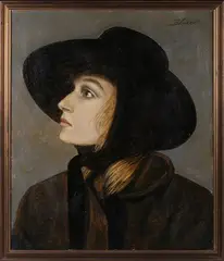 Michael Blaker, Half Length Profile Portrait of a Lady wearing a Black Wide-brimmed Hat, oil on canvas