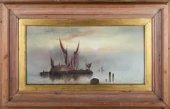 Thomas Mortimer, Barges and Boats on a Calm Sea at Dusk, watercolour