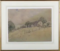 Nelson Dawson, Landscape with Farm Buildings, watercolour with pastel