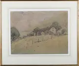 Nelson Dawson, Landscape with Farm Buildings, watercolour with pastel