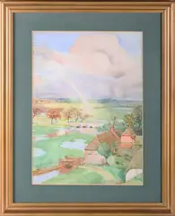 Norman Garstin, Landscape with a Rainbow over a Farmhouse, watercolour
