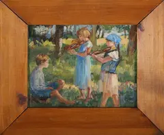 Peggy Rose, Two Girls with Violins serenading a Boy in a Woodland Clearing, oil on board