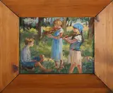 Peggy Rose, Two Girls with Violins serenading a Boy in a Woodland Clearing, oil on board