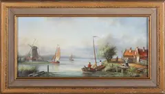 A. Norley, Dutch River Scene with Sailing Vessels, Cottages and Figures, oil on panel