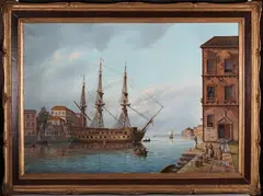 Anthony Brandrett, Ship in a Continental Harbour Setting, possibly Venice, oil on canvas