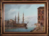 Anthony Brandrett, Ship in a Continental Harbour Setting, possibly Venice, oil on canvas