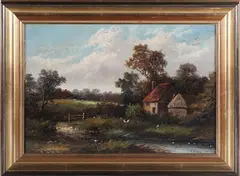 Rustic Landscape with Cottage and Barn by R. Percy, oil on canvas, sold Nov 2022