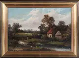 R. Percy, Rustic Landscape with Cottage and Barn, oil on canvas