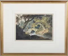 William Payne, Figure crossing a River via a Stone Bridge, watercolour