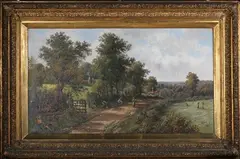 Rustic Landscape with Cottage and Figures harvesting by Octavius Clark, oil on canvas, sold Nov 2022