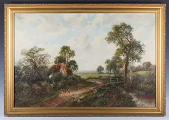 Rustic Landscape with Cottage and Figures on a Path by Octavius Clark, oil on canvas, sold Nov 2022