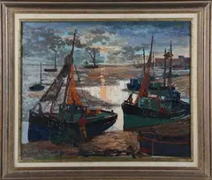 Marion Coker, Fishing Boats in a Harbour, probably the Thames Estuary, oil on board