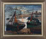 Marion Coker, Fishing Boats in a Harbour, probably the Thames Estuary, oil on board