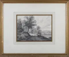 Landscape with Figures on a Path and Distant Castle by F. Chiari, 1819, monochrome pen with ink and watercolour wash, sold Nov 2022