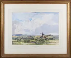 George Robert Rushton, Extensive Rural Landscape with Windmill, watercolour