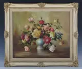 William Reynard Hood, Roses in a Blue Vase, oil on canvas