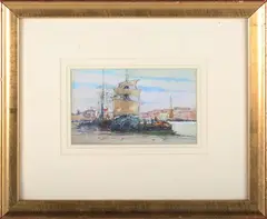 George Charles Haité, Sailing Vessels and Boats at a Quay, watercolour with gouache