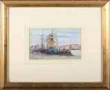 George Charles Haité, Sailing Vessels and Boats at a Quay, watercolour with gouache