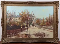 John Bampfield, French Tree-lined Avenue with Figure and Horse and Carriage, oil on canvas