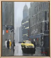 Chris Dolling, New York City Street Scene with Yellow Cab, late 20th/early 21st century oil on canvas