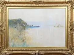 Oswald Garside, Figures on an Embankment near Rowing Boats, watercolour
