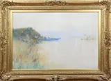 Oswald Garside, Figures on an Embankment near Rowing Boats, watercolour