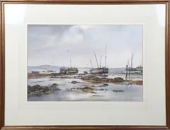 Estuary Scene with Sailing Vessels by Ashton Cannell, watercolour, sold Aug 2022