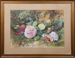 John Jessop Hardwick, Still Life with Flowers and Bird on a Mossy Bank, watercolour