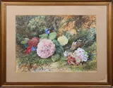 John Jessop Hardwick, Still Life with Flowers and Bird on a Mossy Bank, watercolour
