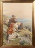 Basil Bradley, Huntsmen and Setters resting on a Hillside, 1884, watercolour with gouache