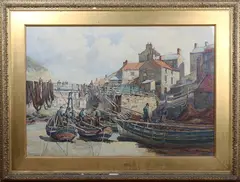 W. H. Wilkinson, Fishermen inspecting Nets in Boats at Staithes, watercolour