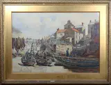 W. H. Wilkinson, Fishermen inspecting Nets in Boats at Staithes, watercolour