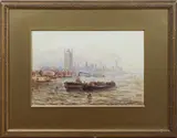 Walter Duncan, View of the Houses of Parliament across the River Thames, London, watercolour with touches of gouache