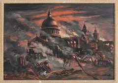 Frederick T. W. Cook, St Paul's from North West, Dec 29th 1940, Paternoster Row in Foreground, oil on board