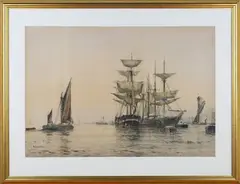 Sailing Vessels in a Harbour by Frederick James Aldridge, watercolour, sold Jun 2022