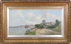 Alfred Henry Vickers, Homeward Bound' (View of a Village on an Estuary with Sailing Vessels), oil on canvas