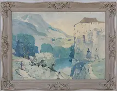 George Robert Rushton, River Gorge with a Figure on a Path, oil on board