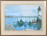 Faith Sheppard, Harbour Scene with Fishing Boats and Lighthouse, watercolour with gouache