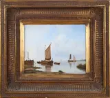 J. Stork, Sailing Barges on Calm Waters, probably the Dutch Coast, oil on panel