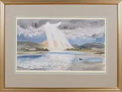 Roland Vivian Pitchforth, Landscape with Lake and Boat, watercolour