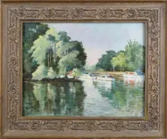 River Scene with Boats by Jean Farnsworth, oil on board, sold Jun 2022