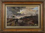 Mary Odell, Landscape with Shepherd, Sheepdog, and Sheep on a Country Lane, oil on board