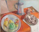 Paul Margand, Still Life with Coffee Pot, Mushrooms and Fruit, oil on canvas