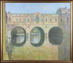 Donald Plenderleith, Pulteney Bridge, Bath, oil on canvas-board