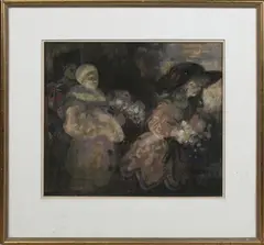 George Sheringham, Theatrical Scene with Harlequin and Pierrot, pastel with coloured chalks