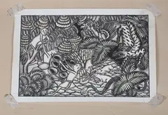 Jungle Scene with Animals and Figures by Ida Bagus Made Widja, ink with watercolour, sold Jun 2022
