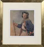 Conrad Heighton Leigh, Portrait of a Soldier with a Rifle and Fur Hat, ink with watercolour illustration